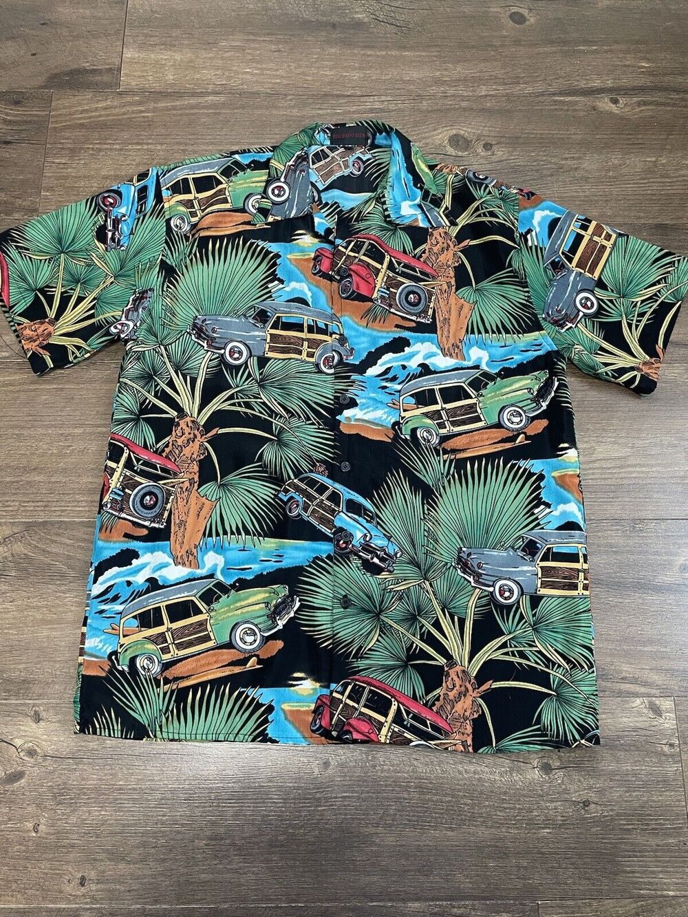 VINTAGE Big Brother Mens Shirt Size L Blue Aloha Hawaiian Chevrolet Malibu 90s